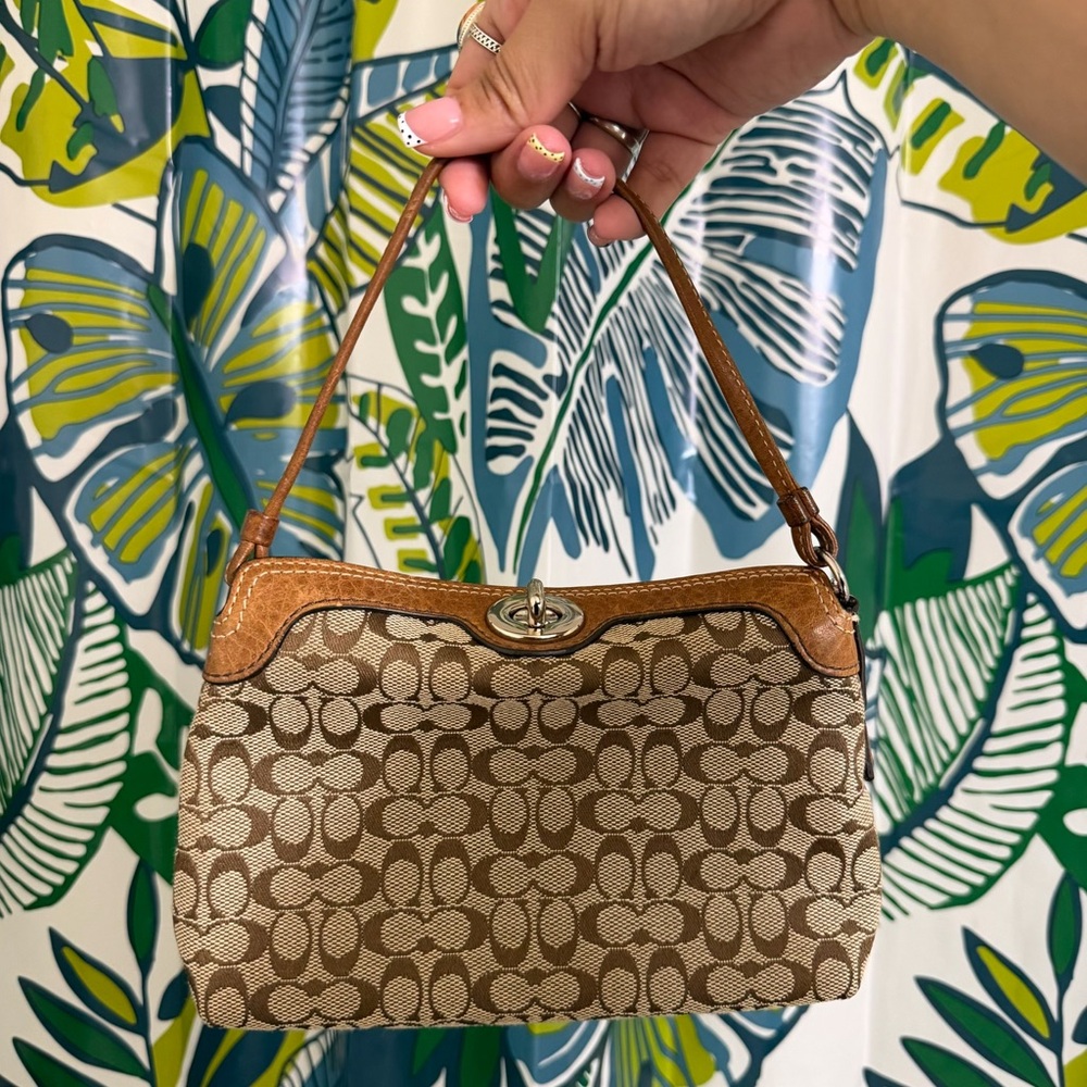 Coach Brown Signature Canvas Shoulder Bag with Leather Trim